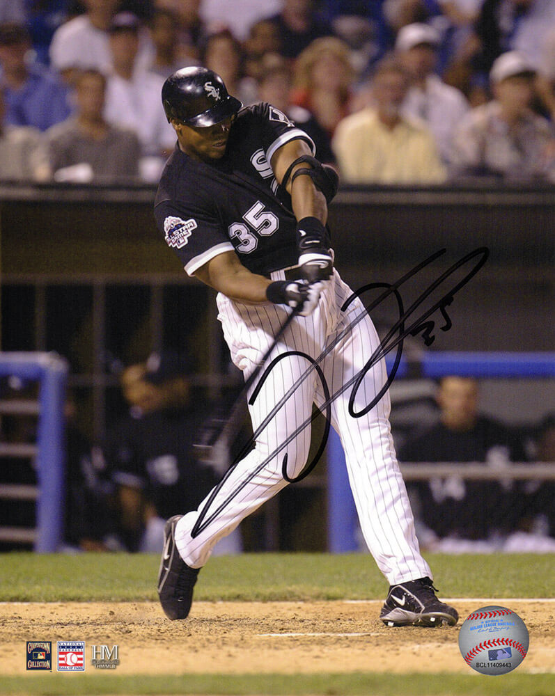 Frank Thomas Signed White Sox Black Jersey Swinging 8x10 Photo