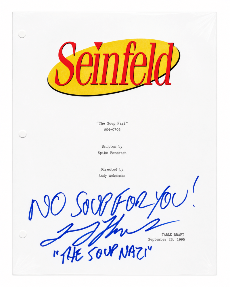 Larry Thomas Signed Seinfeld The Soup Nazi Episode Script Cover Page w/The Soup Nazi, No Soup For You