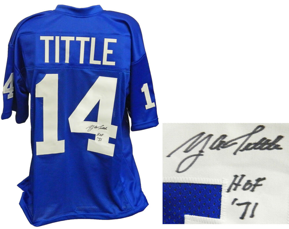 Y.A. Tittle Signed Blue Custom Football Jersey w/HOF 71