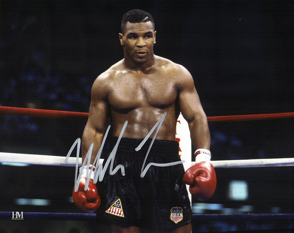 Mike Tyson Signed Boxing Black Trunks Action 8x10 Photo
