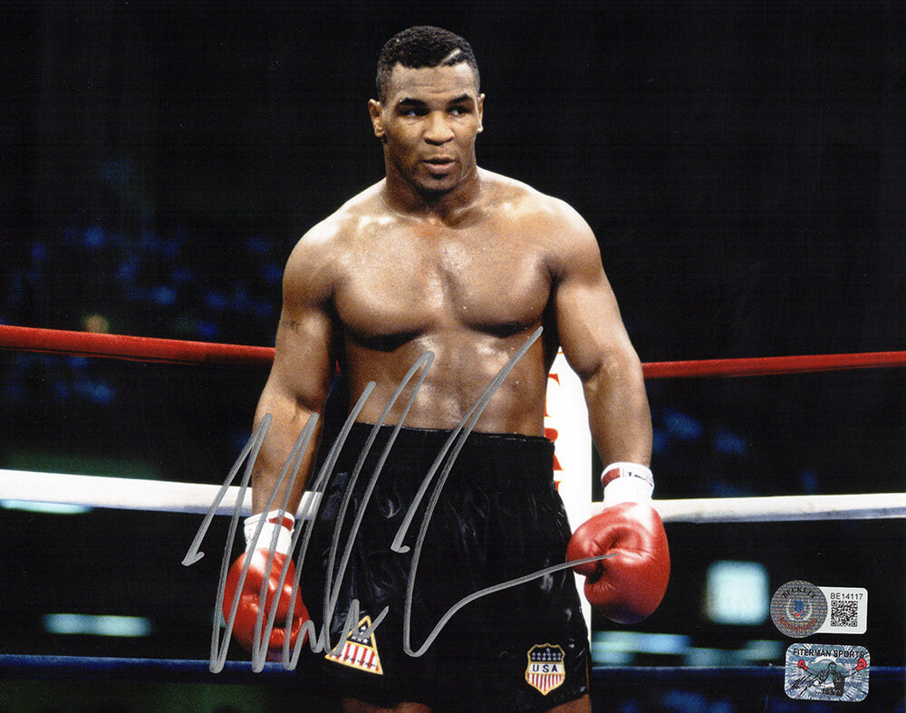 Mike Tyson Signed Boxing Black Trunks Action 8x10 Photo - (Beckett)