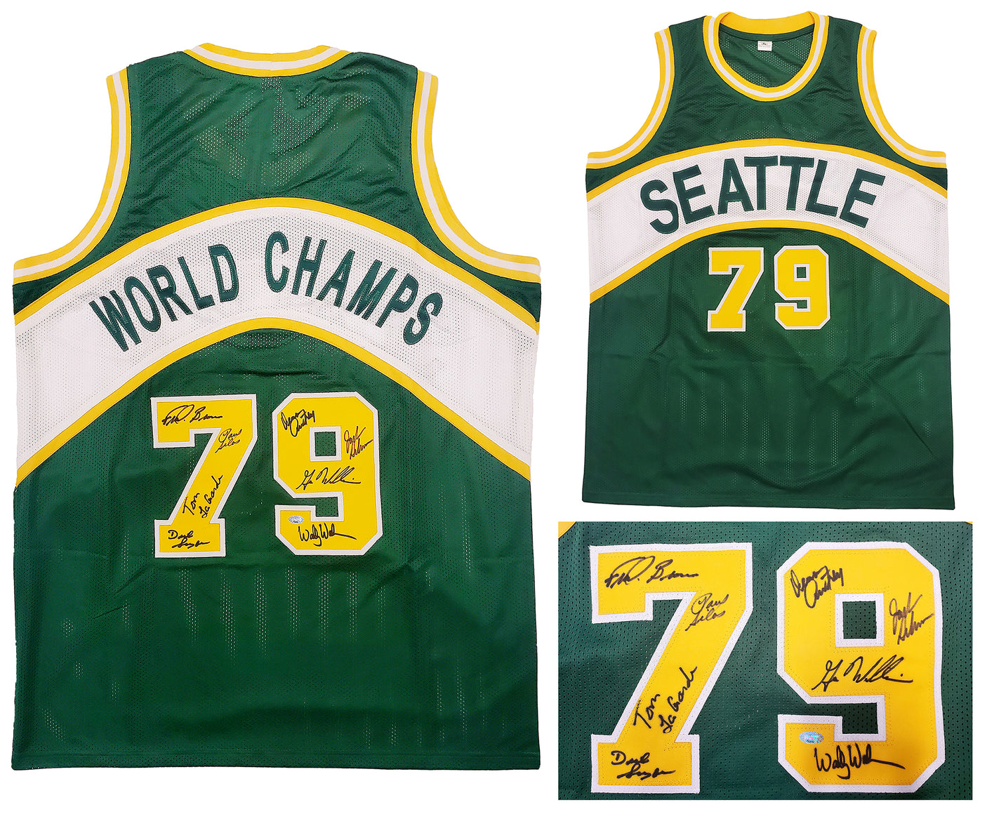 1978-79 NBA Champions Seattle Supersonics Multi Signed Autographed Green Jersey With 8 Signatures Including Fred Brown & Gus Williams MCS Holo Stock #145850