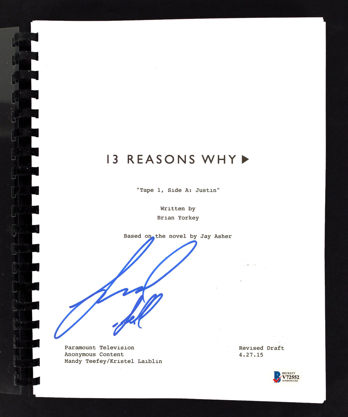 Brandon Larracuente "Jeff" Signed 13 Reasons Why Pilot Tv Script BAS #V72552