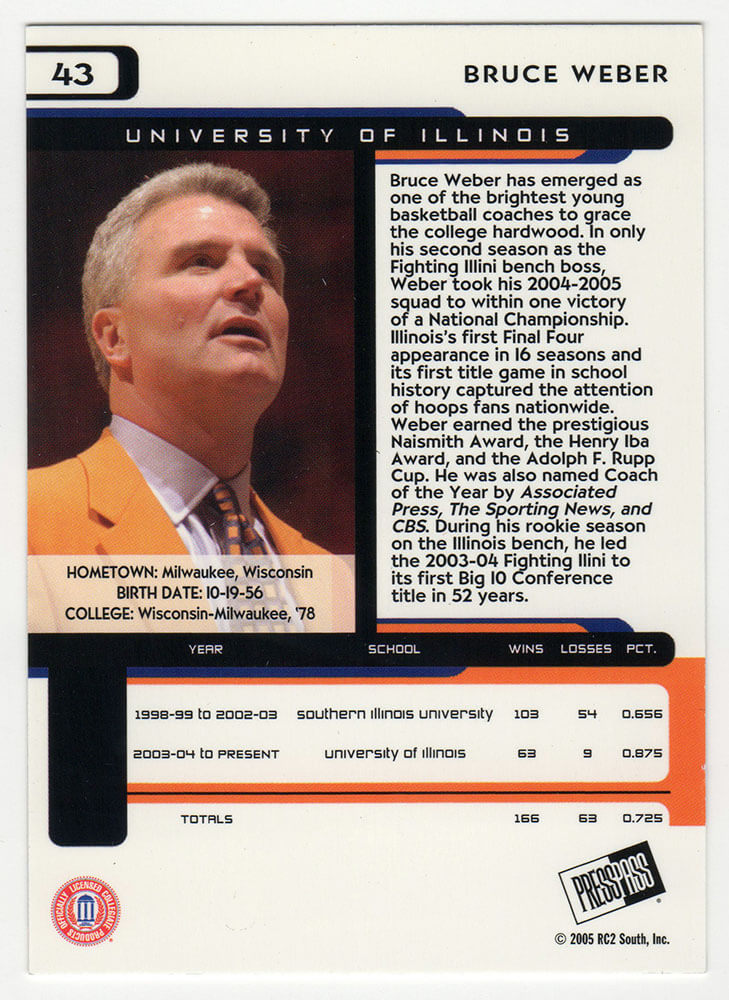 Bruce Weber Signed Illinois 2005 Press Pass Basketball Trading Card #43