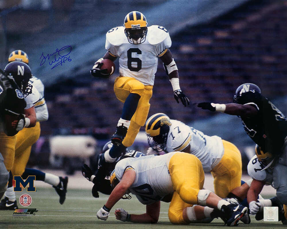 Tyrone Wheatley Signed Michigan Wolverines White Jersey Action 16x20 Photo