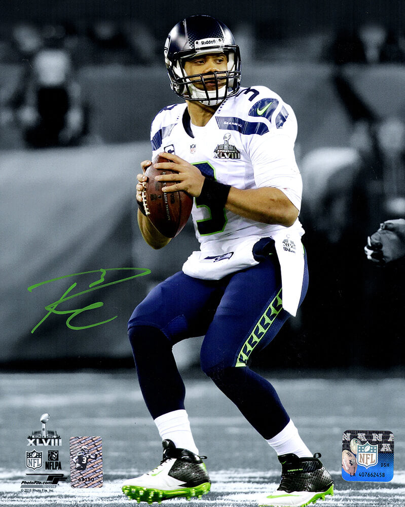 Russell Wilson Signed Seattle Seahawks SB XLVIII White Jersey Spotlight Action 8x10 Photo (Wilson Hologram)