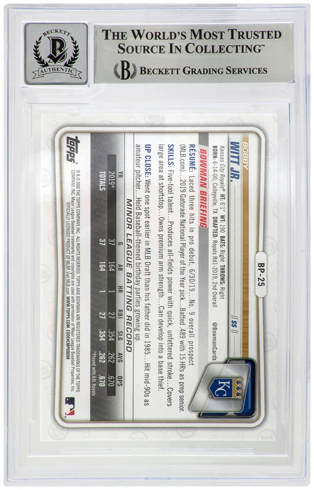 Bobby Witt Jr. Signed Kansas City Royals 2020 1st Bowman Rookie Baseball Card #BP-25 - (Beckett / Auto Grade 10)
