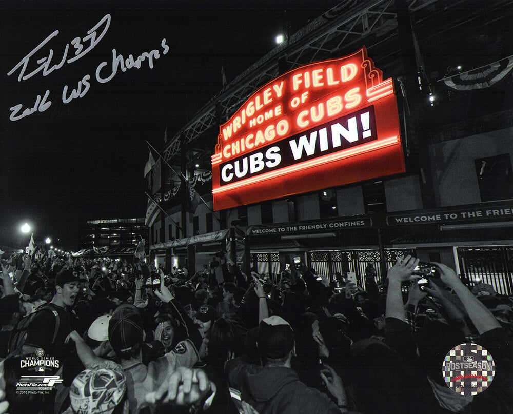 Travis Wood Signed Cubs 2016 WS Wrigley Field Marquee Spotlight 8x10 Photo w/2016 WS Champs
