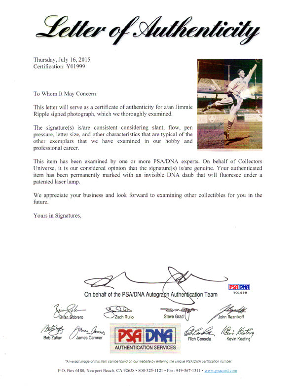 Jimmie Ripple Autographed 8x10 Photo New York Giants "To Dr. Steen Best Regards" PSA/DNA #Y01999