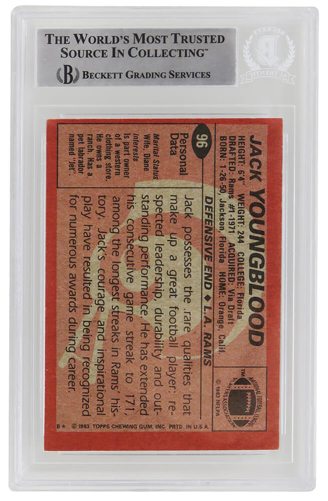 Jack Youngblood Signed Rams 1983 Topps Football Card #96 w/HF'01 - (Beckett Encapsulated)