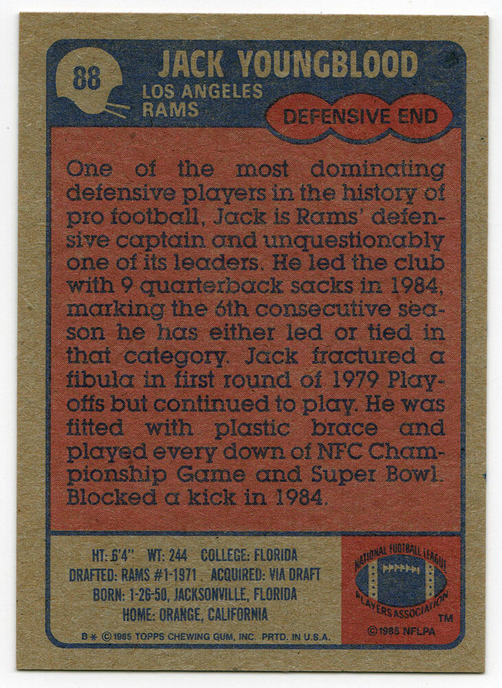 Jack Youngblood Signed Rams 1985 Topps Football Card #88 w/HF'01