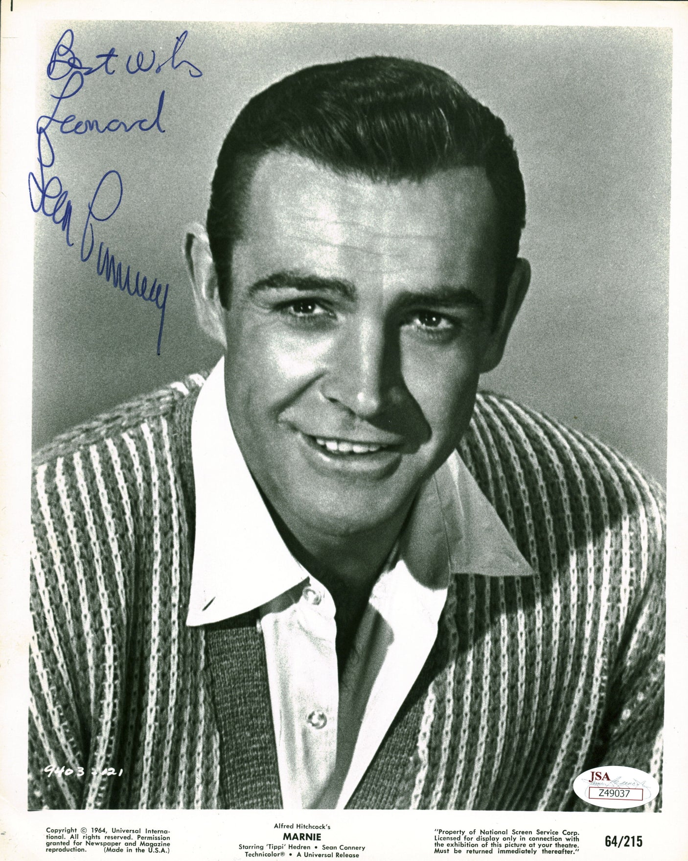 Sean Connery Marnie "Best Wishes" Signed 8x10 LE Promo B & W Photo JSA #Z49037