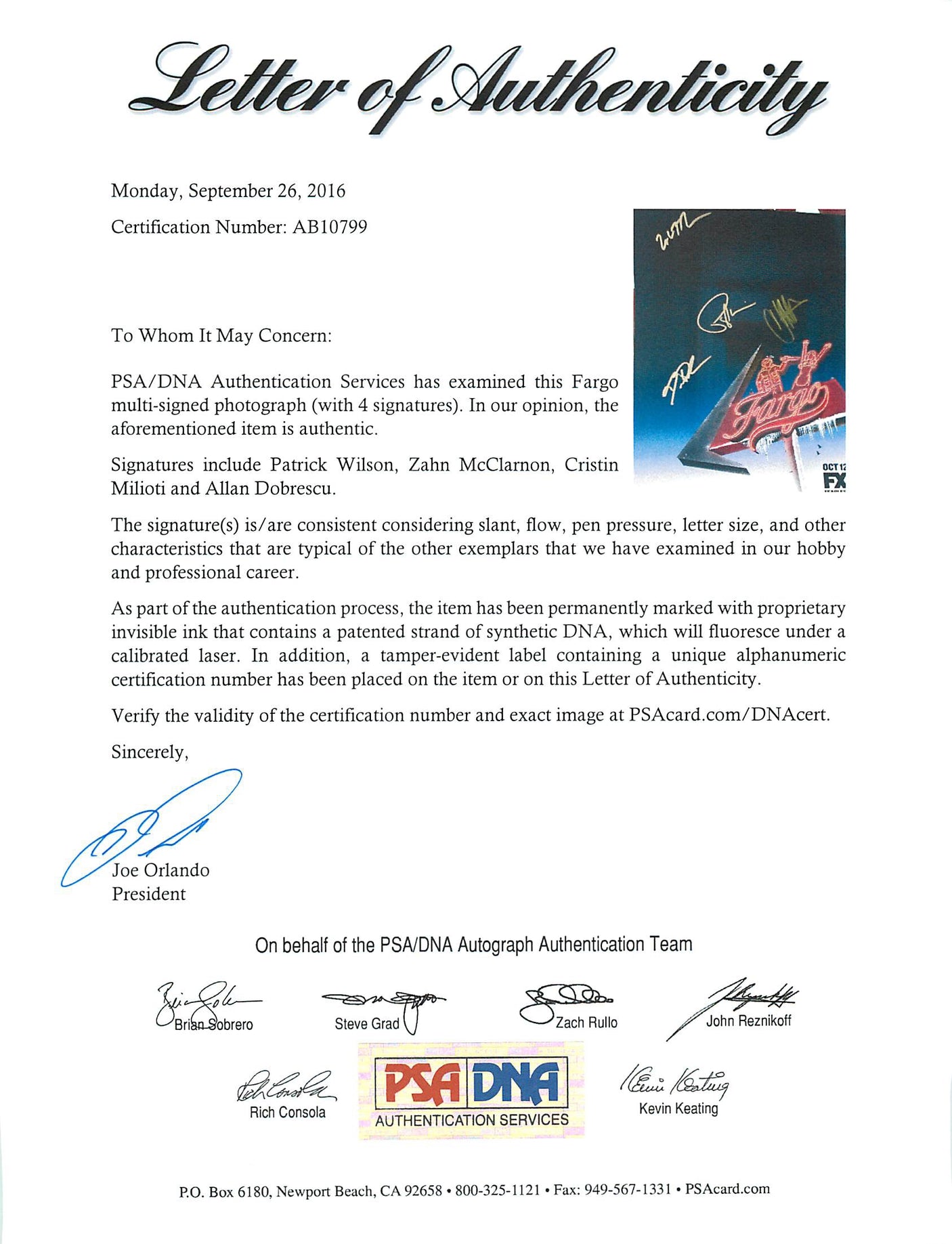 Fargo (Patrick Wilson, Zahn McClarnon, +2) Signed 11X14 Photo PSA/DNA #AB10799