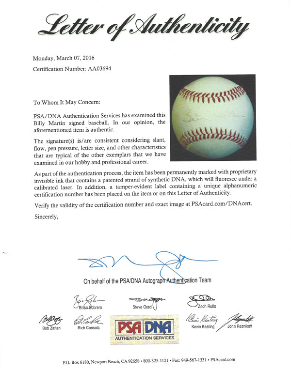 Billy Martin Autographed Official AL Baseball New York Yankees PSA/DNA #AA03694