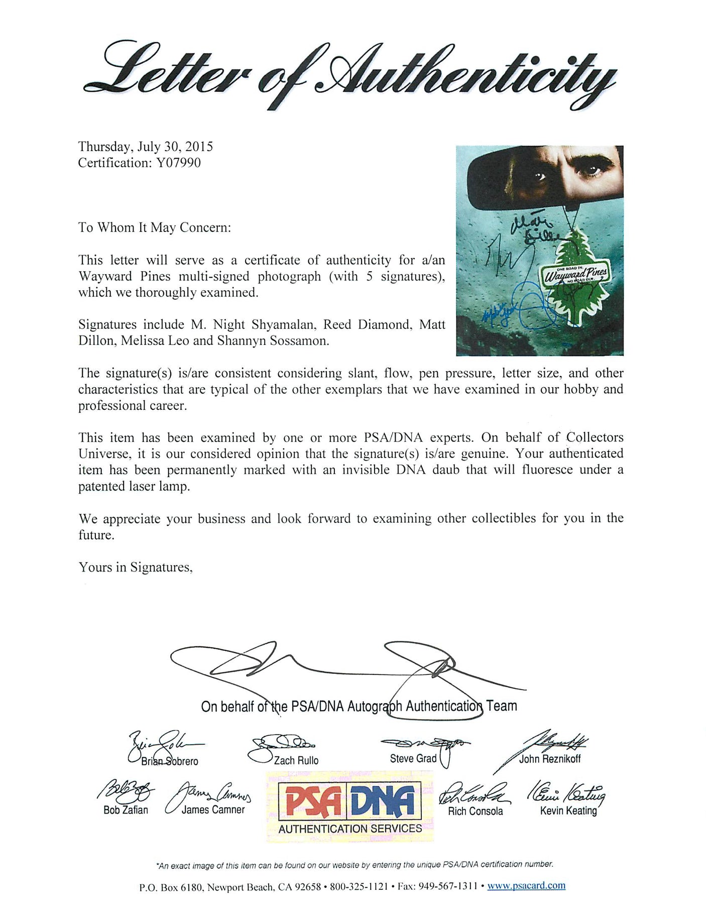 Wayward Pines Cast (5) Shyamalan, Dillon, Leo Signed 8X10 Photo PSA/DNA #Y07990