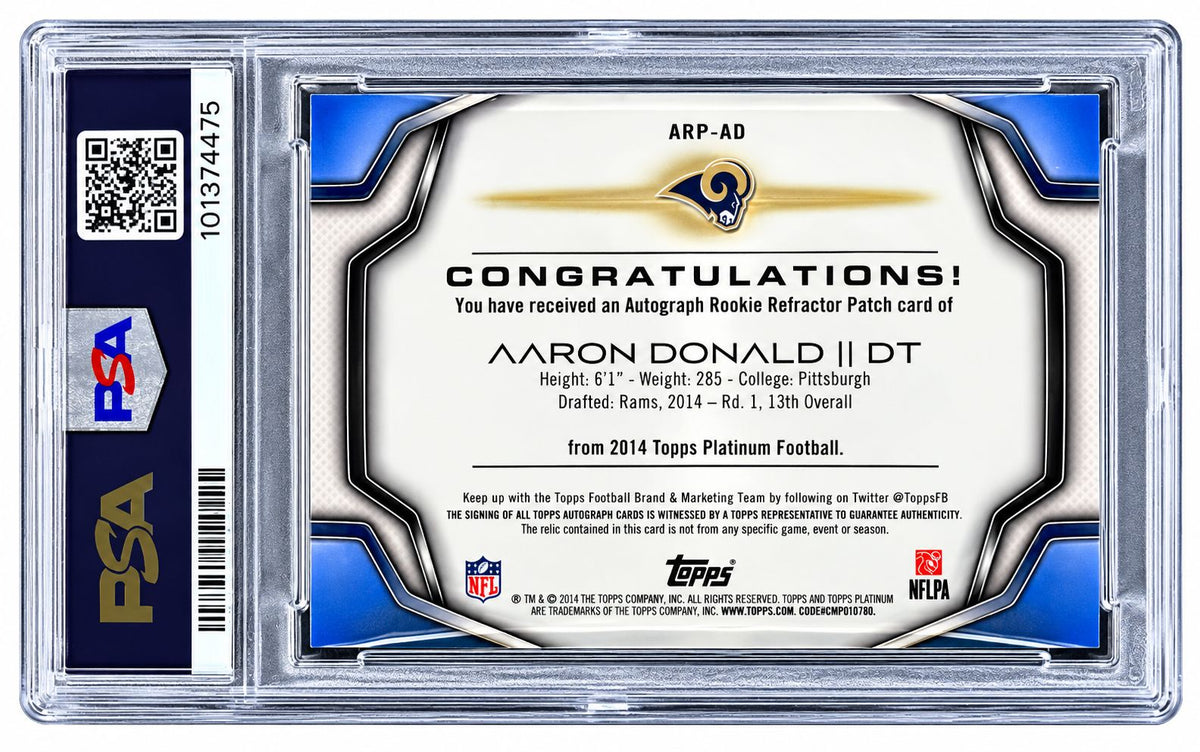 2014 Platinum Auto Rookie Patch #ARPAD Aaron Donald Rookie Card PSA 7 Auto 10