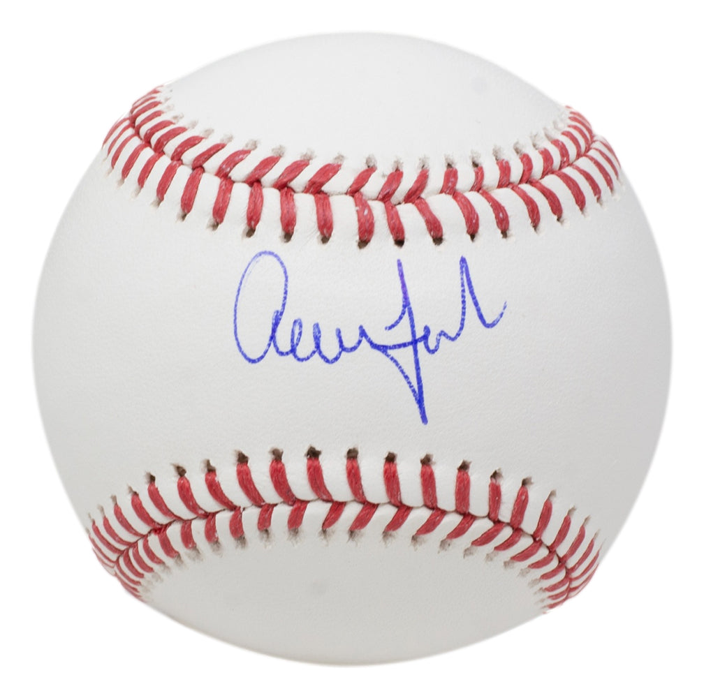This Sports Integrity Aaron Judge New York Yankees Signed Official MLB Baseball features a bold, centered blue ink autograph on a white ball with red stitching.