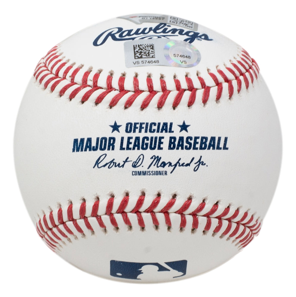 A Sports Integrity Aaron Judge New York Yankees Signed Official MLB Baseball features red stitching, printed OFFICIAL MAJOR LEAGUE BASEBALL text, a signature, and two authentication stickers on the upper section.