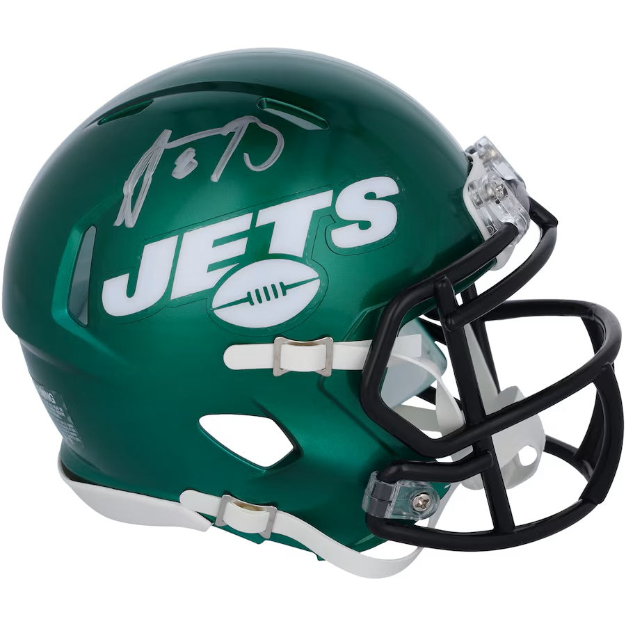 The Sports Integrity Aaron Rodgers Signed New York Jets Mini Speed Helmet features a green shell with a white Jets logo and football on the side, autographed in silver on top.