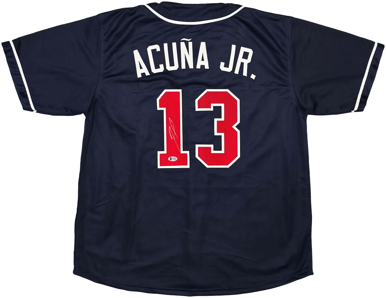 The Sports Integrity Ronald Acuna Jr Atlanta Signed Navy Blue Baseball Jersey BAS features white trim, ACUÑA JR. in white letters, and a large red number 13 on the back.