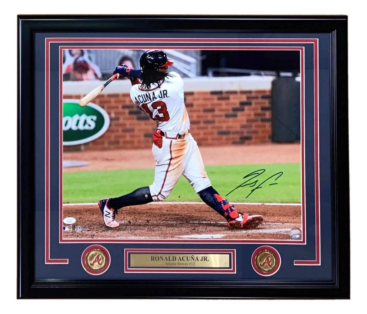 Sports Integrity Ronald Acuna Jr. Signed Framed 16x20 Atlanta Braves Photo features an autograph, team logo coins, and a nameplate below the action image. JSA certified.