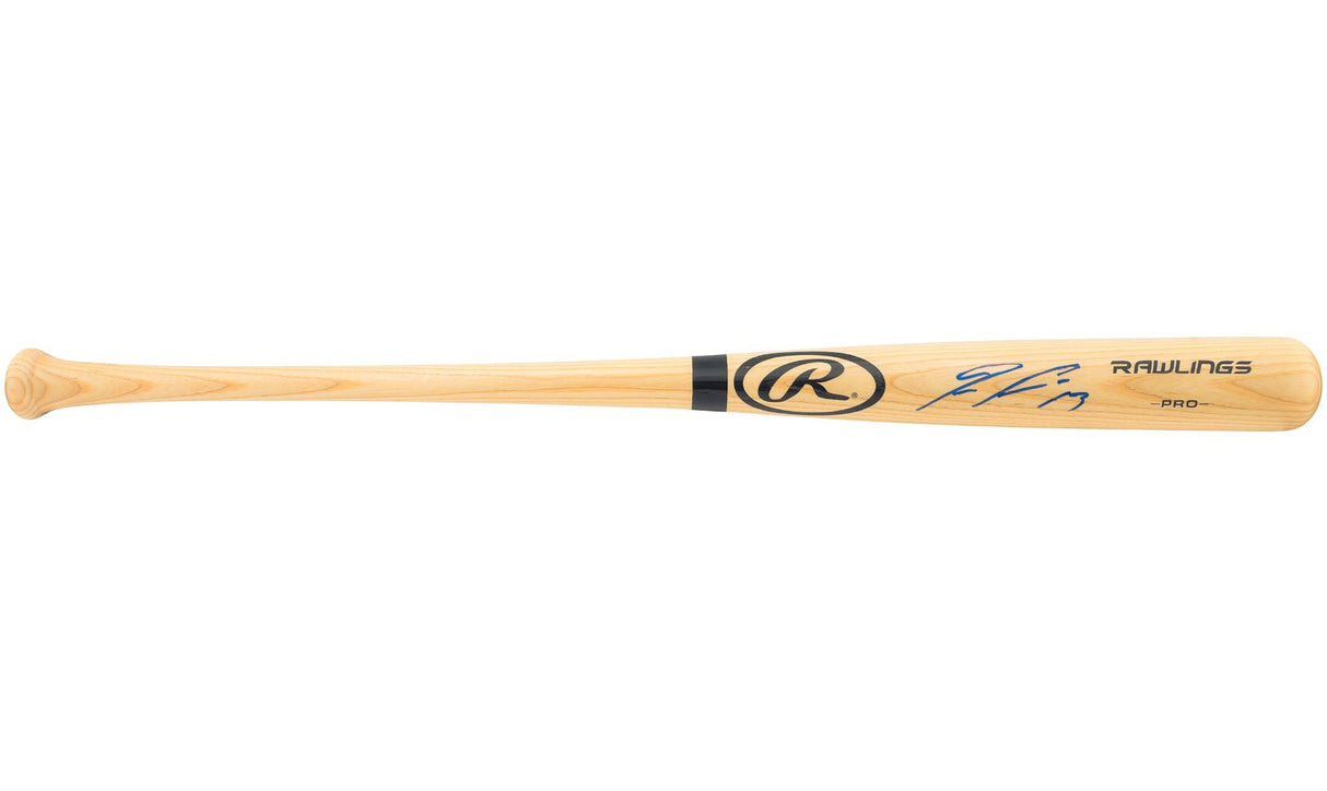 A Ronald Acuna Jr autographed tan Rawlings Adirondack bat, featuring blue ink on the barrel, offered by Sports Integrity.