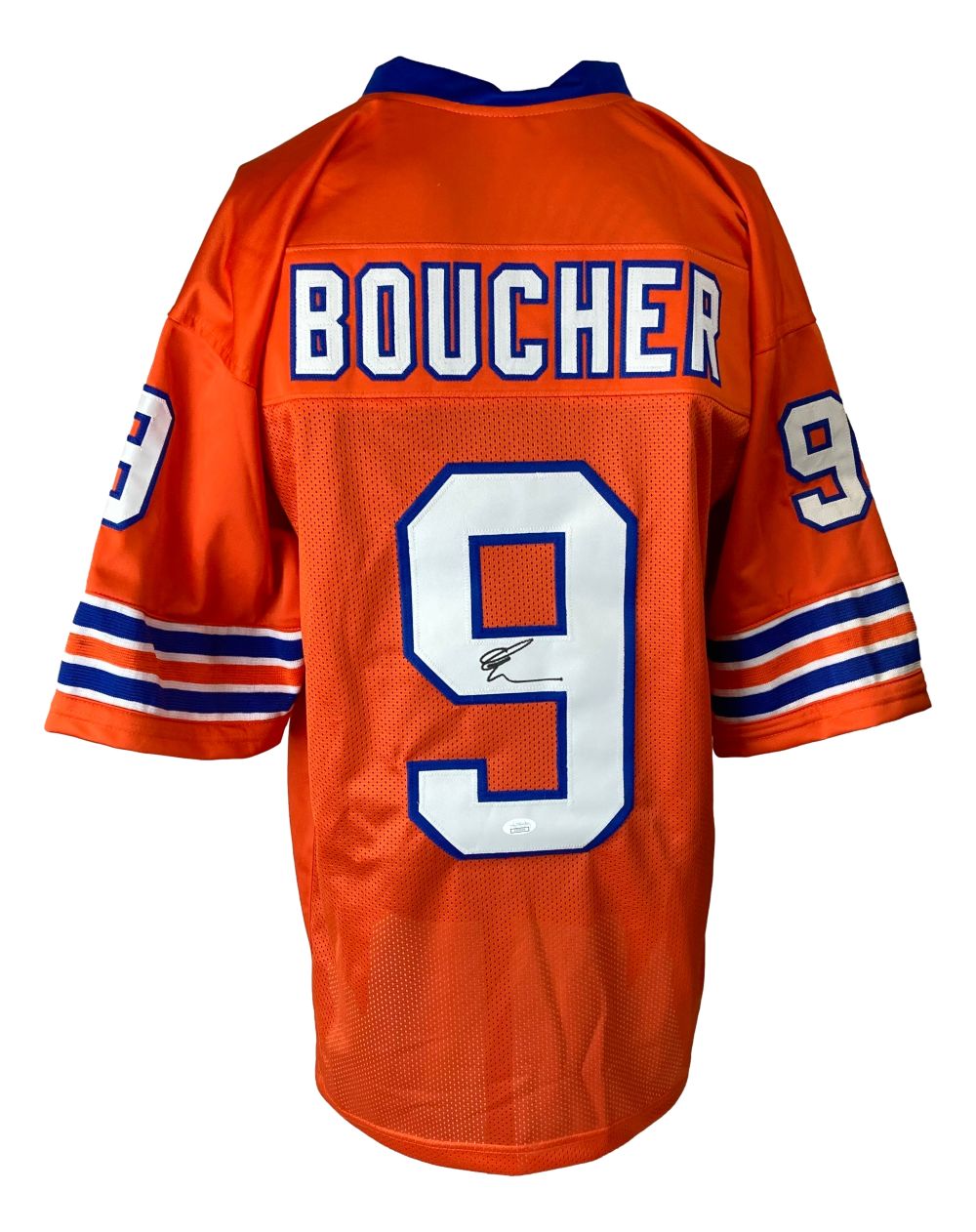 The Sports Integrity Adam Sandler The Waterboy Signed Custom Boucher Football Jersey features orange fabric, blue and white striped sleeves, "BOUCHER" above an autographed number 9 on the back, and number 9 on both sleeves. JSA CC93934 authenticated.
