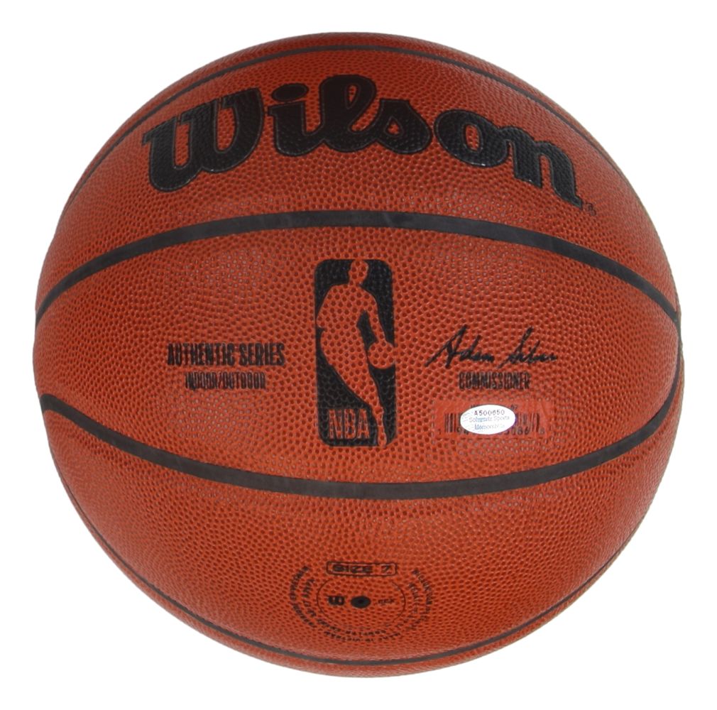 The Sports Integrity Adrian Dantley Jazz Signed Wilson Authentic NBA Basketball features black text, logos including the official NBA logo, and a Hall of Fame 08 inscription on an orange textured surface with Schwartz Holo.