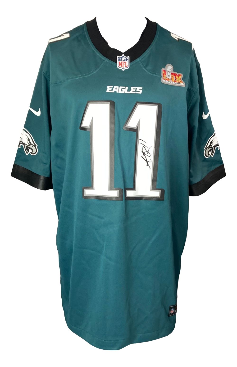 The AJ Brown Signed Philadelphia Eagles Super Bowl 59 Nike Game Jersey by Sports Integrity features Eagles text, number 11 with signature, NFL and Nike logos, and a Super Bowl patch. The jersey is displayed on a white background.