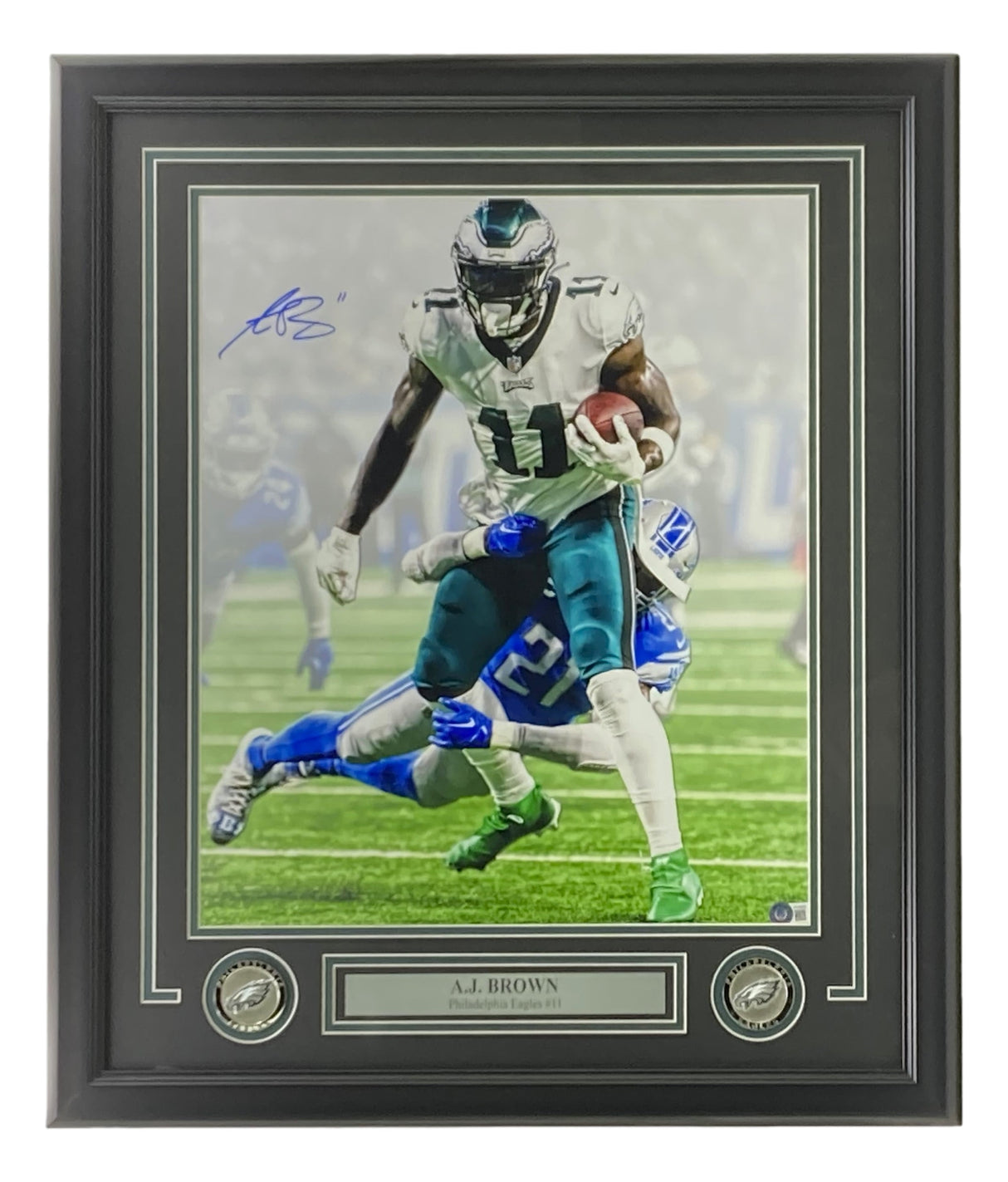 AJ Brown Signed Framed 16x20 Philadelphia Eagles Photo by Sports Integrity, featuring AJ Brown in uniform running with the ball, two Dallas Cowboys defenders behind him, plus a name plaque and two collectible coins. BAS ITP authenticated.