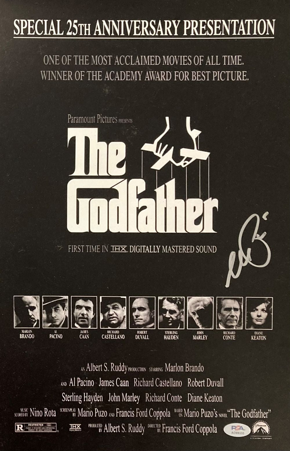 The Al Pacino Signed 11x17 The Godfather Photo by Sports Integrity features the film’s title and Oscar statuettes. Text notes its Academy Award for Best Picture, with Al Pacino's signature authenticated by PSA/DNA.