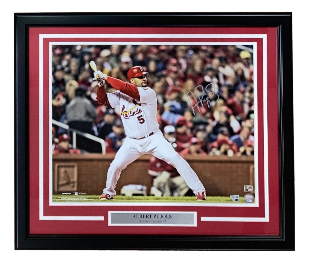 The Sports Integrity Albert Pujols Signed Framed 16x20 St. Louis Cardinals Photo by Fanatics shows Pujols (#5) mid-swing in a white and red uniform, with a silver nameplate and crowd background.