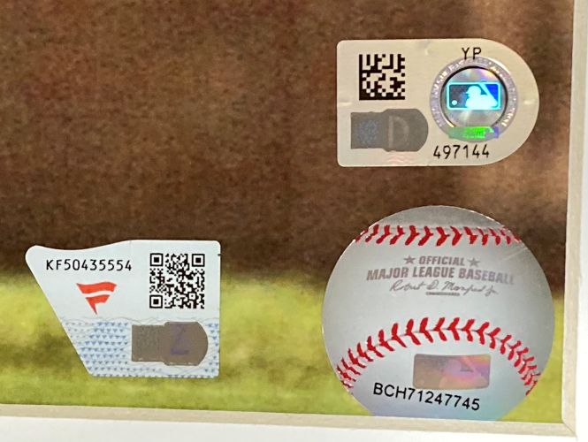 Three authentication stickers, including QR codes and holograms, are attached to a glass case displaying the "Albert Pujols Signed Framed 16x20 St. Louis Cardinals Photo Fanatics" from Sports Integrity.