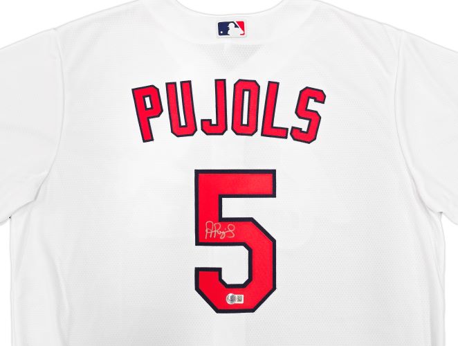 The Sports Integrity Albert Pujols Signed St. Louis Cardinals White Nike Replica Jersey features PUJOLS and number 5 on the back, with an autograph and BAS authentication sticker on the number.