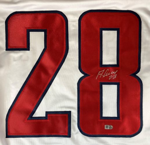 The Alexander Semin Washington Signed White Hockey Jersey by Sports Integrity features large red and blue-bordered number 28 with a silver autograph on the right side of the number 8.