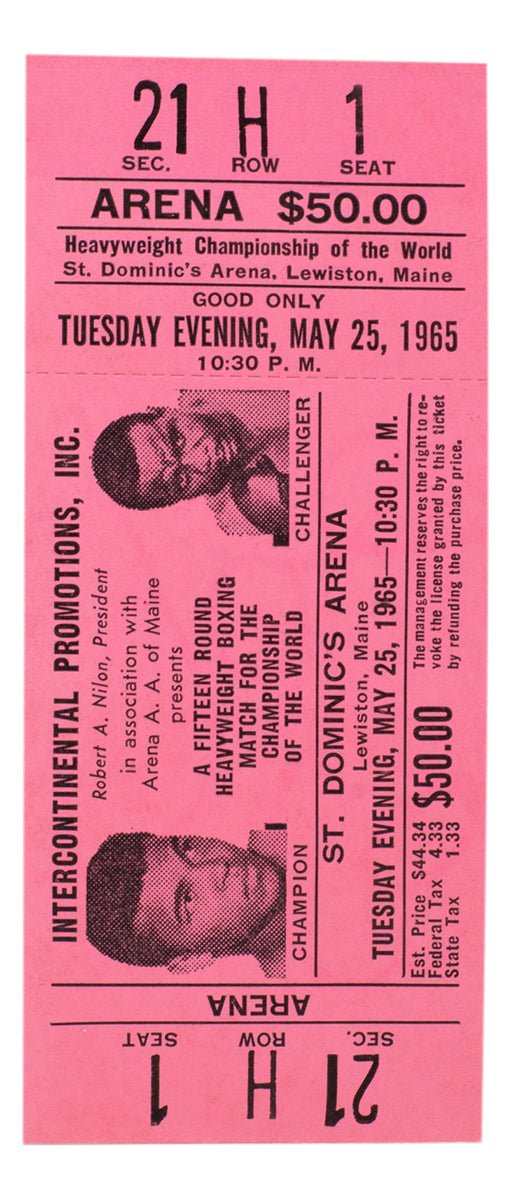 1965 Muhammad Ali Vs Sonny Liston Phantom Punch Boxing Match Pink Full Ticket - Sports Integrity
