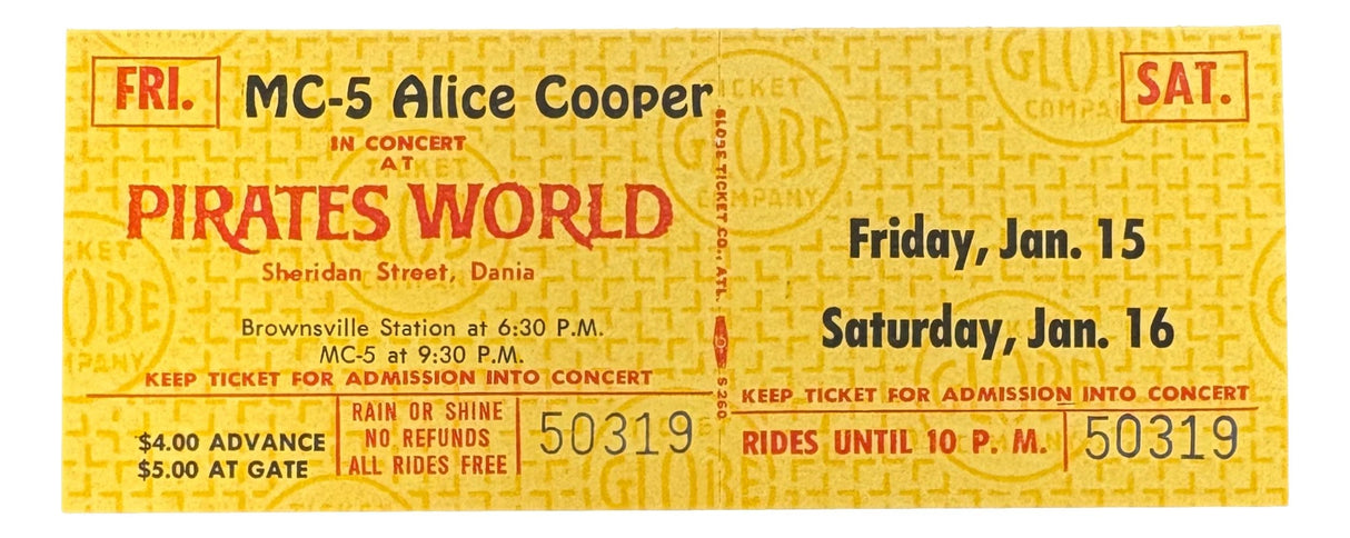 Alice Cooper Unused 1971 MC-5 At Pirates World Concert Ticket