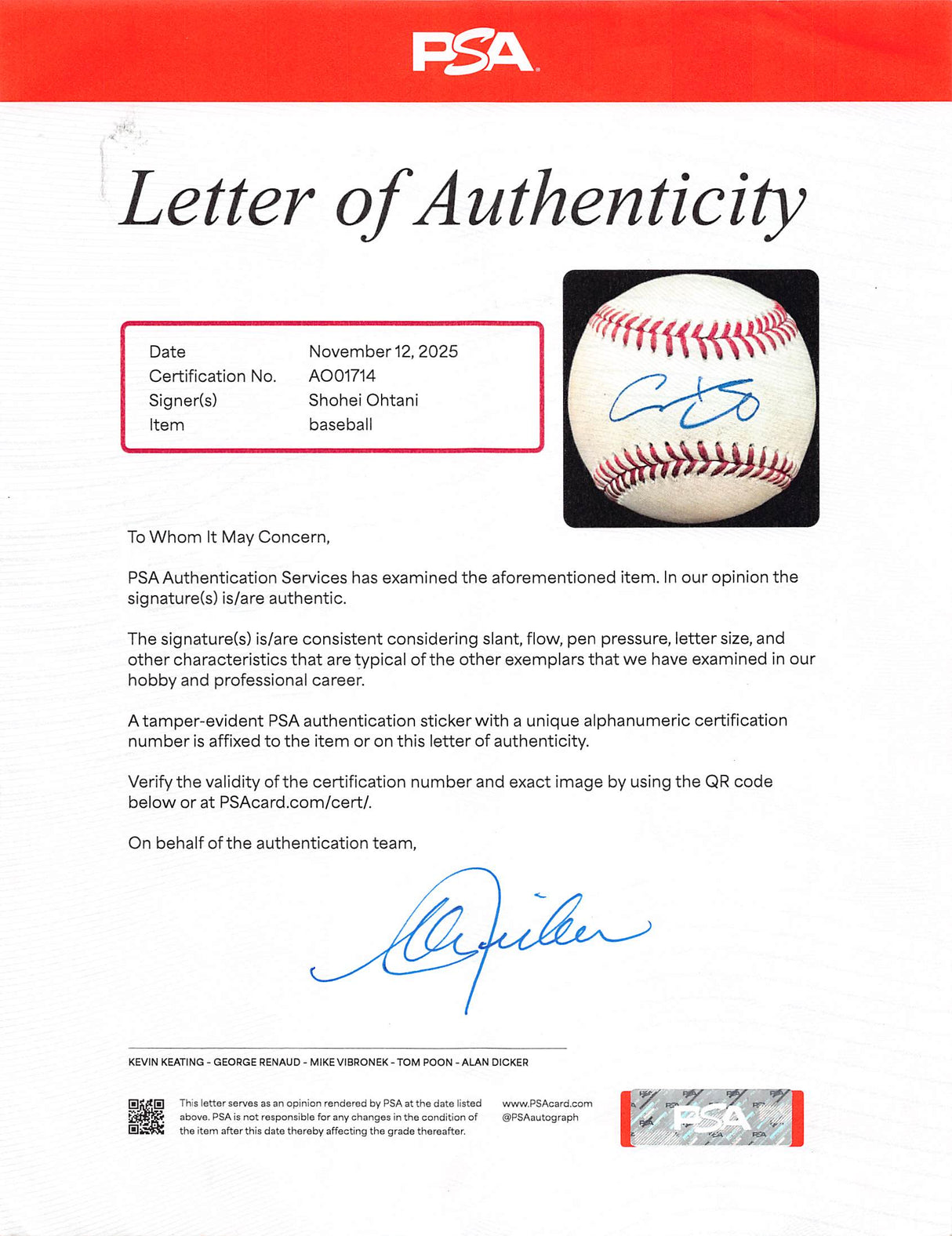 Shohei Ohtani Signed 5/5/2024 LAD Vs ATL Game Used OML Baseball MLB & PSA LOA