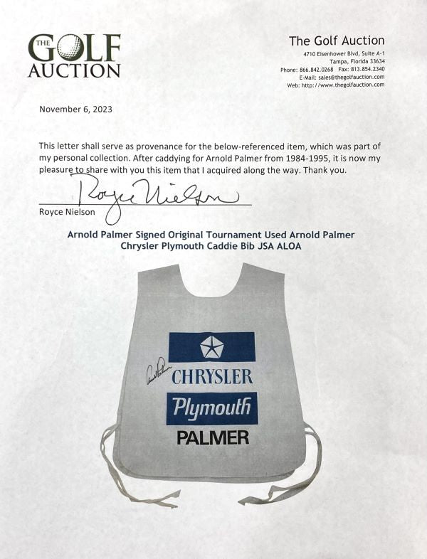Arnold Palmer Signed PGA Golf Tournament Worn Caddy Bib BAS LOA - Sports Integrity