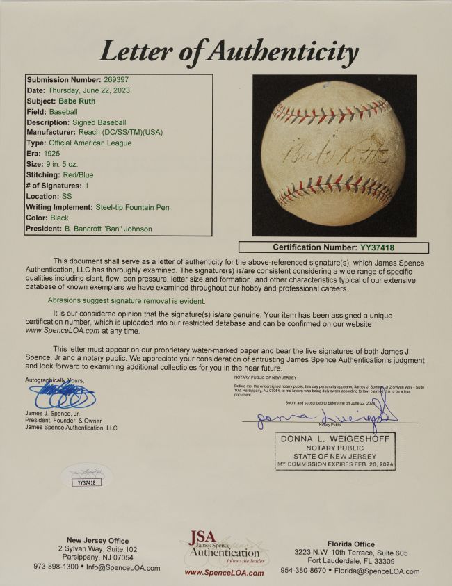 Babe Ruth New York Yankees 1925 Signed Official American League Baseball PSA+JSA