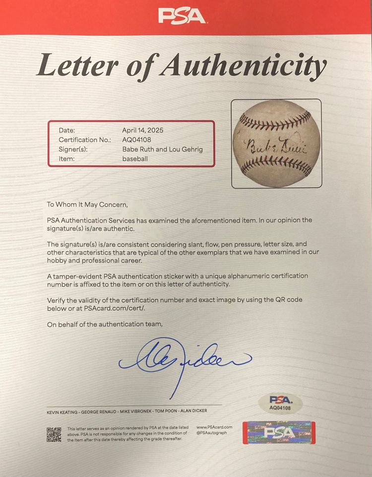 Babe Ruth Lou Gehrig Yankees 1920s Signed Spalding NL Baseball BAS+PSA LOA