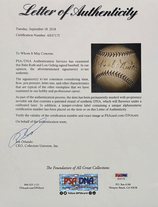 Babe Ruth Lou Gehrig New York Yankees Signed Spalding Baseball PSA AE07175