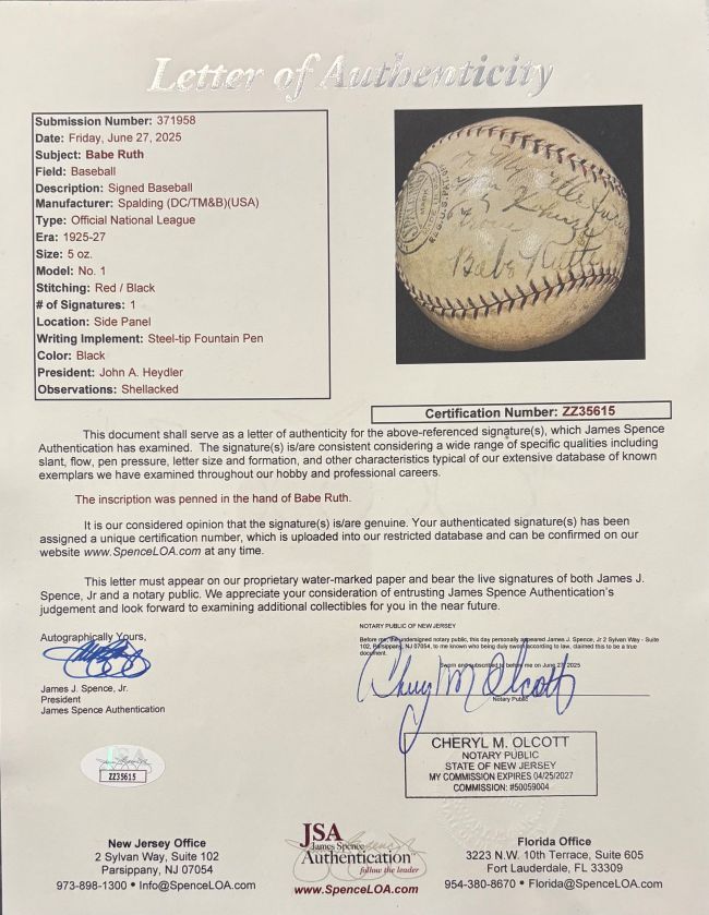 Babe Ruth Yankees 1920s Signed Official Spalding NL Baseball JSA ZZ35615