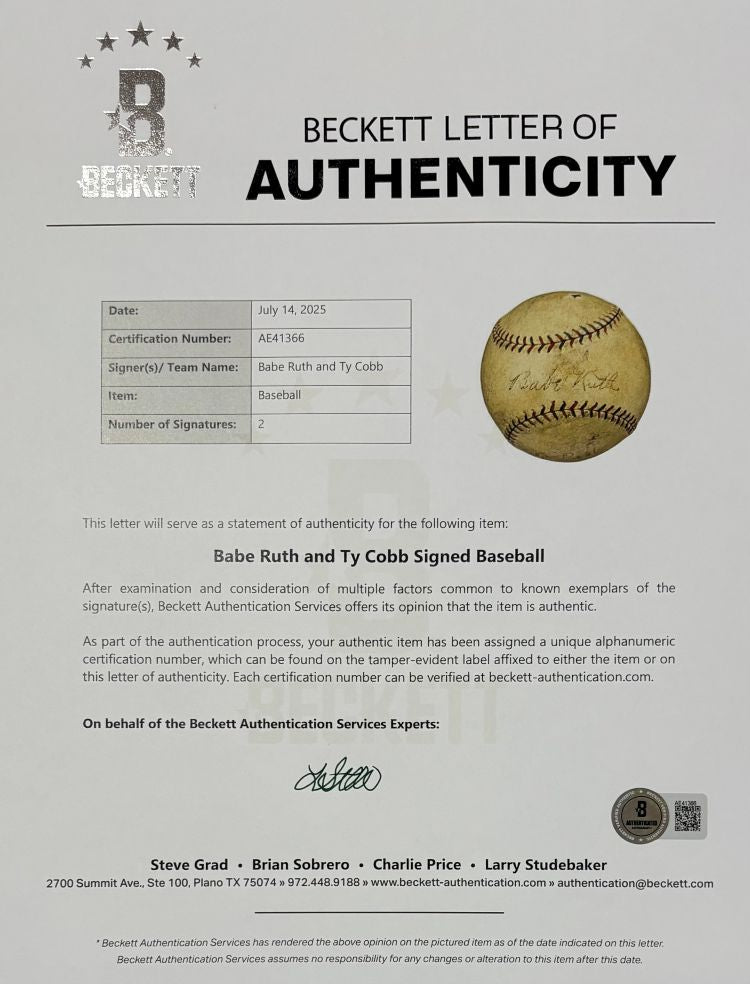 Babe Ruth Ty Cobb Signed Official American League Baseball PSA+BAS LOA