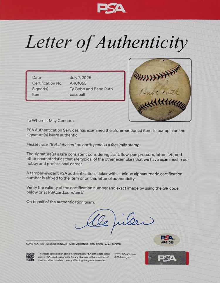Babe Ruth Ty Cobb Signed Official American League Baseball PSA+BAS LOA