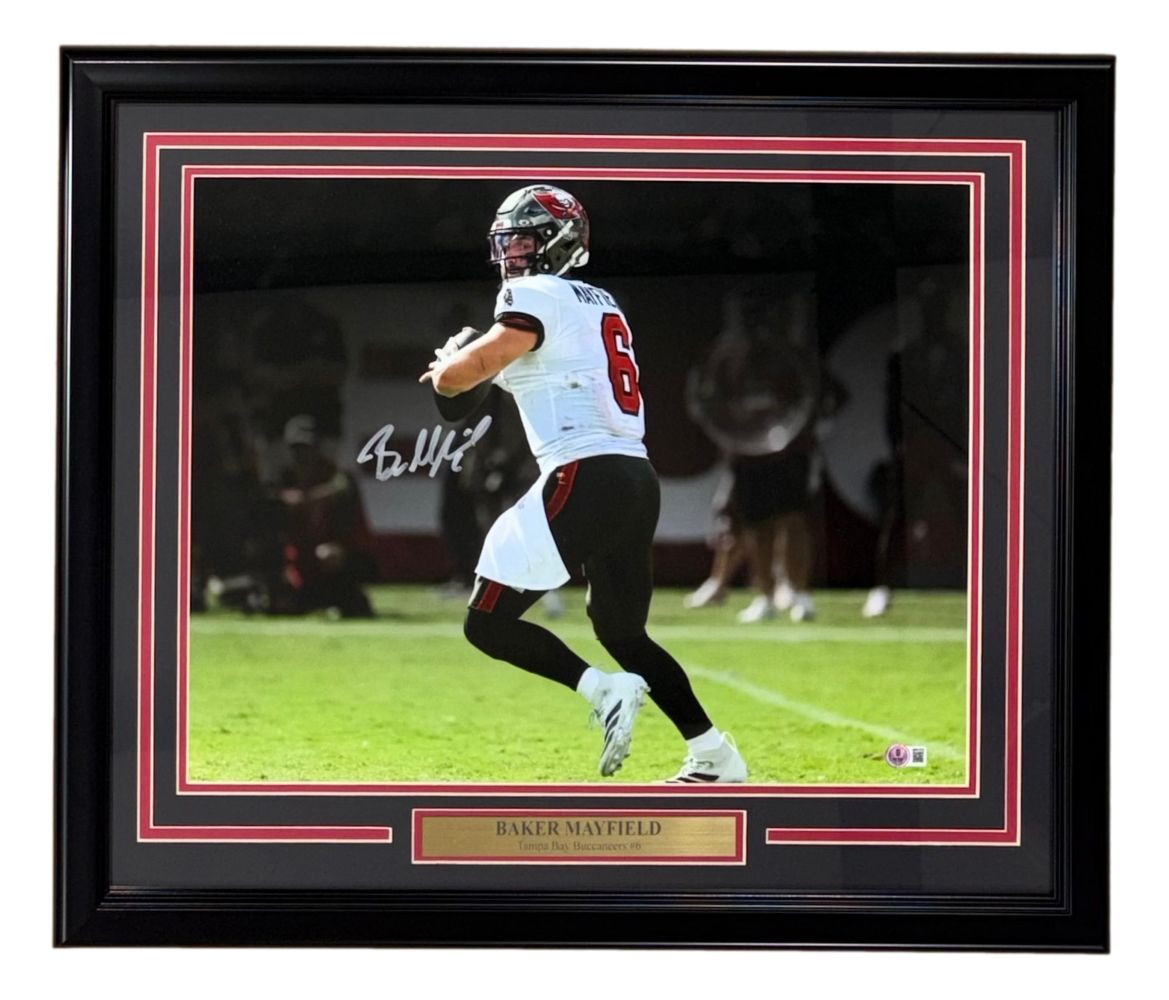 Sports Integrity Baker Mayfield Signed Framed 16x20 Buccaneers Spotlight White Jersey Photo BAS—features autographed action photo of Mayfield (#6), Tampa Bay Buccaneers, in a white jersey with a commemorative plaque.