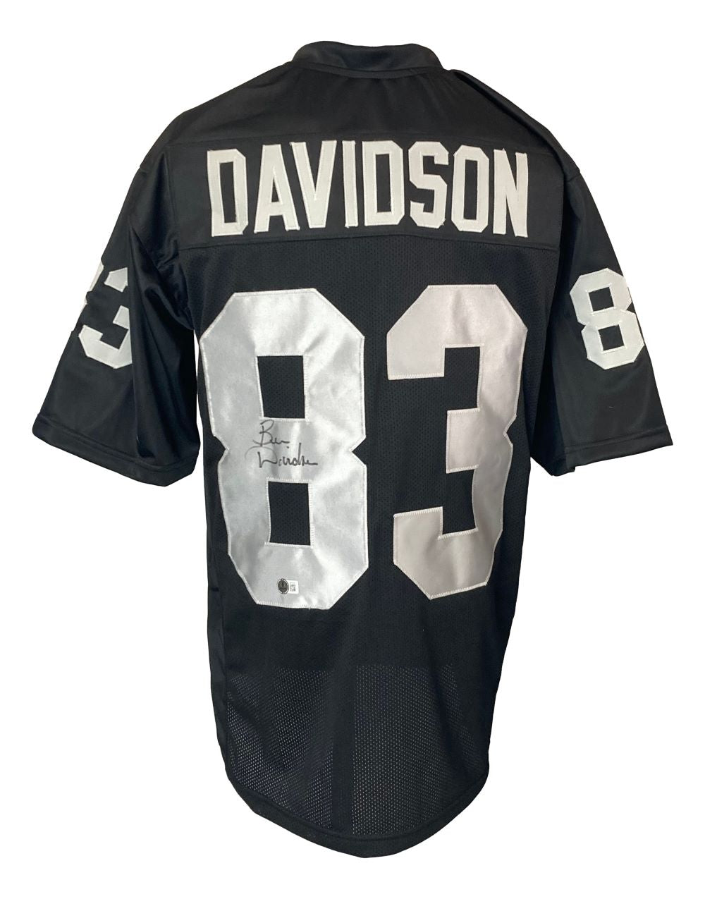 The Sports Integrity Ben Davidson Oakland Signed Black Football Jersey BAS features silver letters and numbers, DAVIDSON and 83 on the back and sleeves, and a visible signature on the number.