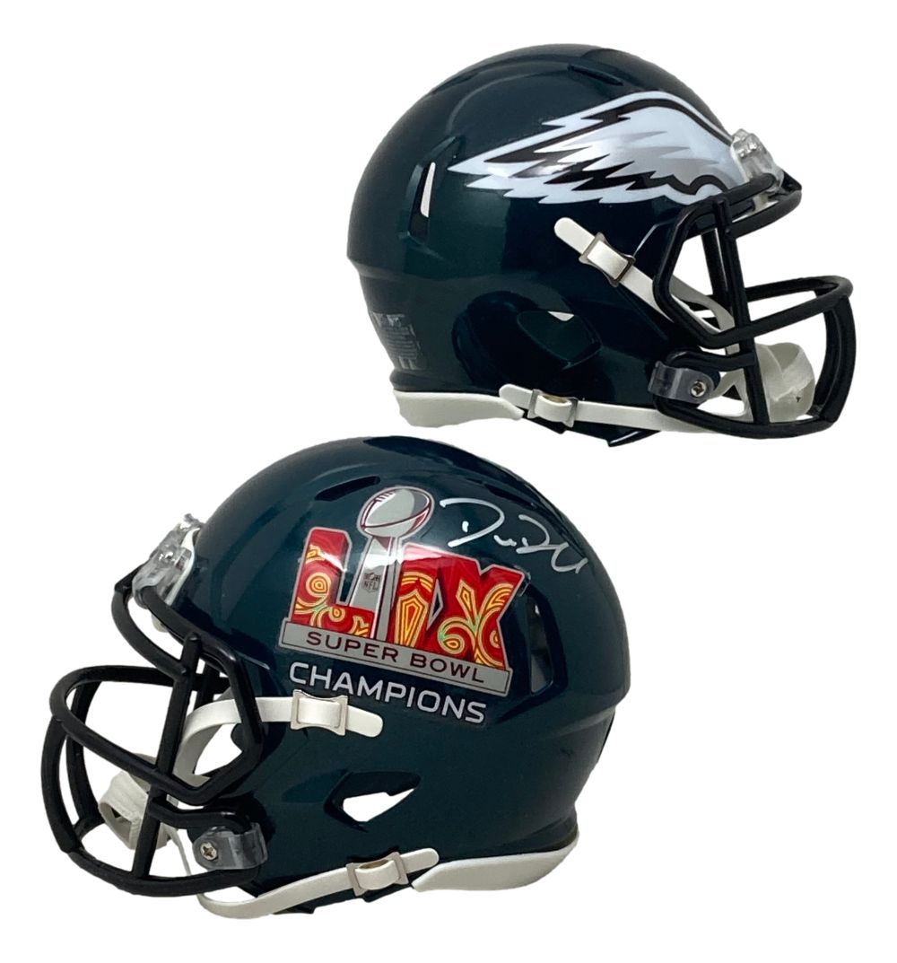 A Sports Integrity Big Dom DiSandro-signed Philadelphia Eagles Super Bowl LIX mini speed helmet showcases the team’s winged logo, Super Bowl 59 branding, and signature; finished in dark green with a black facemask.