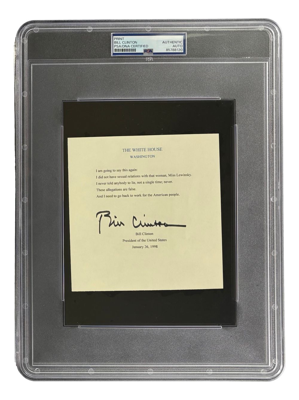 Bill Clinton Signed 5x6 Mock White House Statement Letter Monica Lewinsky PSA