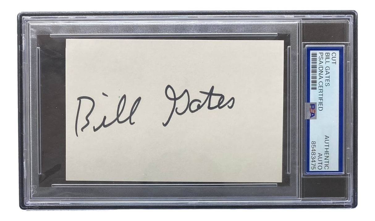 The Sports Integrity Bill Gates Microsoft Signed Slabbed Cut Signature PSA features Bill Gates’ autograph in black ink on a card, encased in a clear hard plastic holder with a PSA label authenticating its signature.
